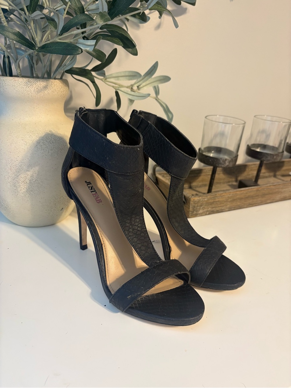 JustFab Black T-Strap Stiletto Heels
